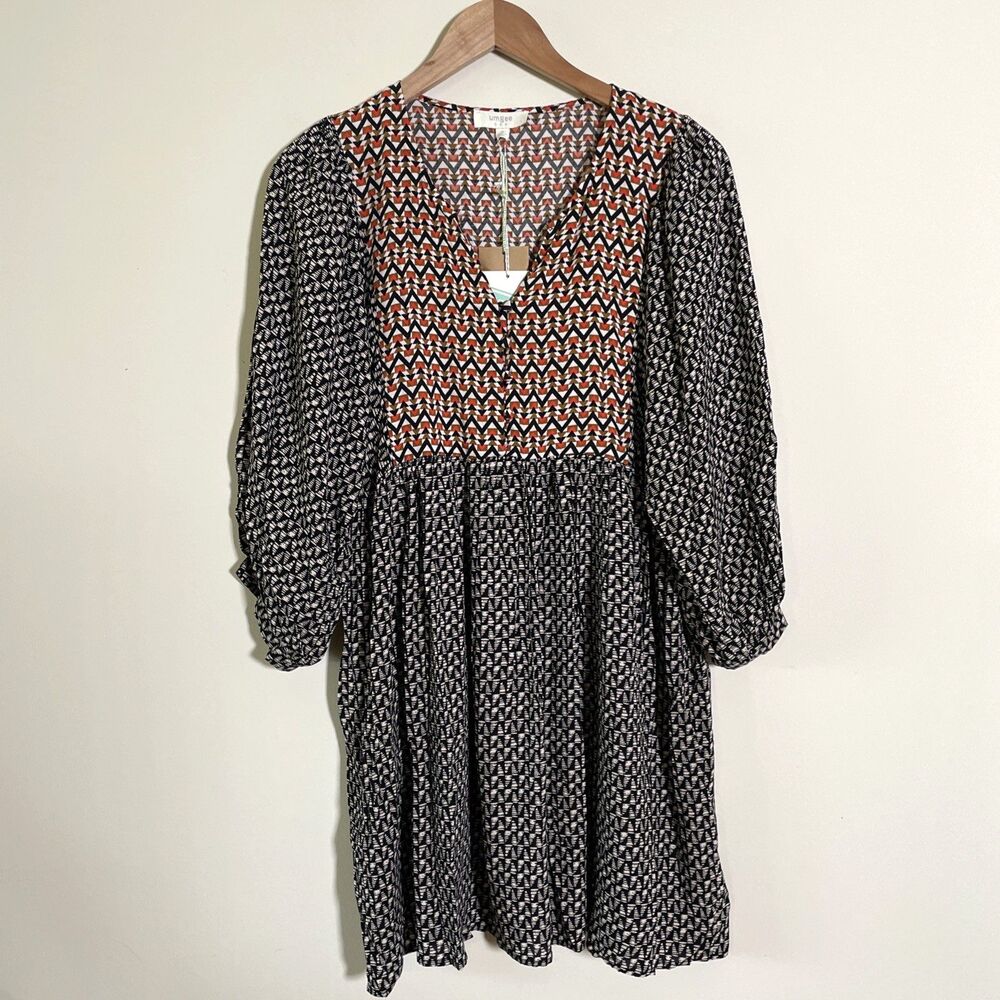 Umgee Women's Geometric Print Balloon Sleeve Tunic Dress Black Red Sz Small NWT